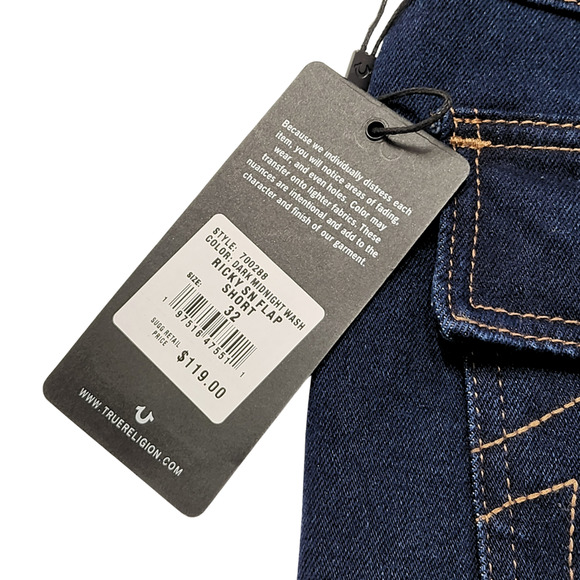 New True Religion Ricky SN Flap Shorts 32" Men Dark Midnight Wash Denim Relaxed - Picture 4 of 7